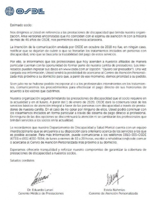 carta OSDE negando prestación TEA